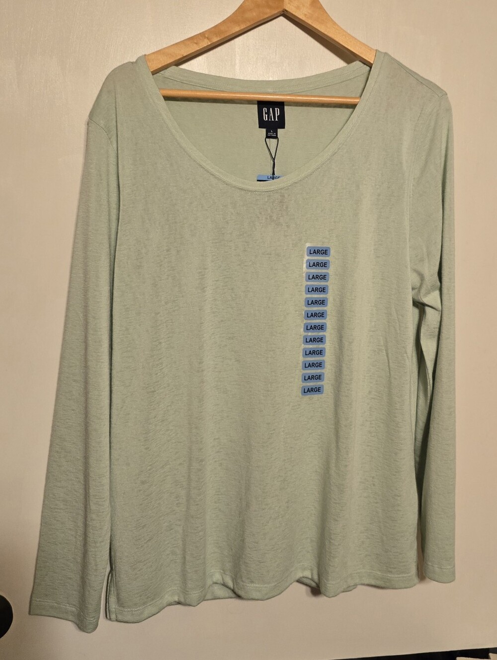 GAP Women's Large Long Sleeve Tee Shirt Light Green Scoop Neckline NWT